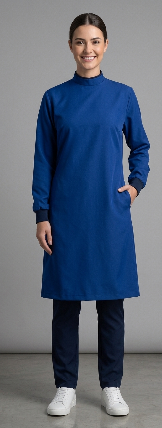 Bata antifluido unisex Papiro. Cuello alto, manga larga y máxima cobertura para entornos quirúrgicos y clínicos. Envío a toda Colombia.