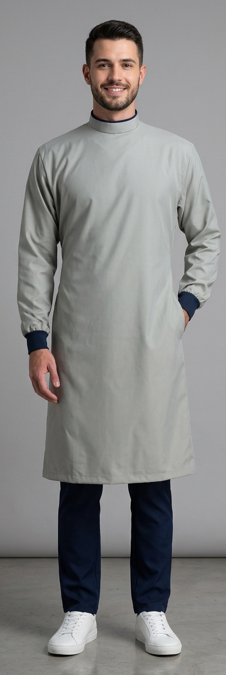 Bata antifluido unisex Papiro. Cuello alto, manga larga y máxima cobertura para entornos quirúrgicos y clínicos. Envío a toda Colombia.