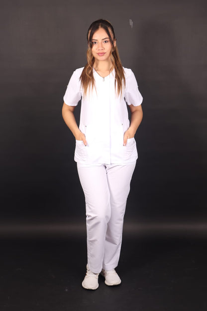 Uniforme Azalea blanco, vista frontal, mujer, Colombia