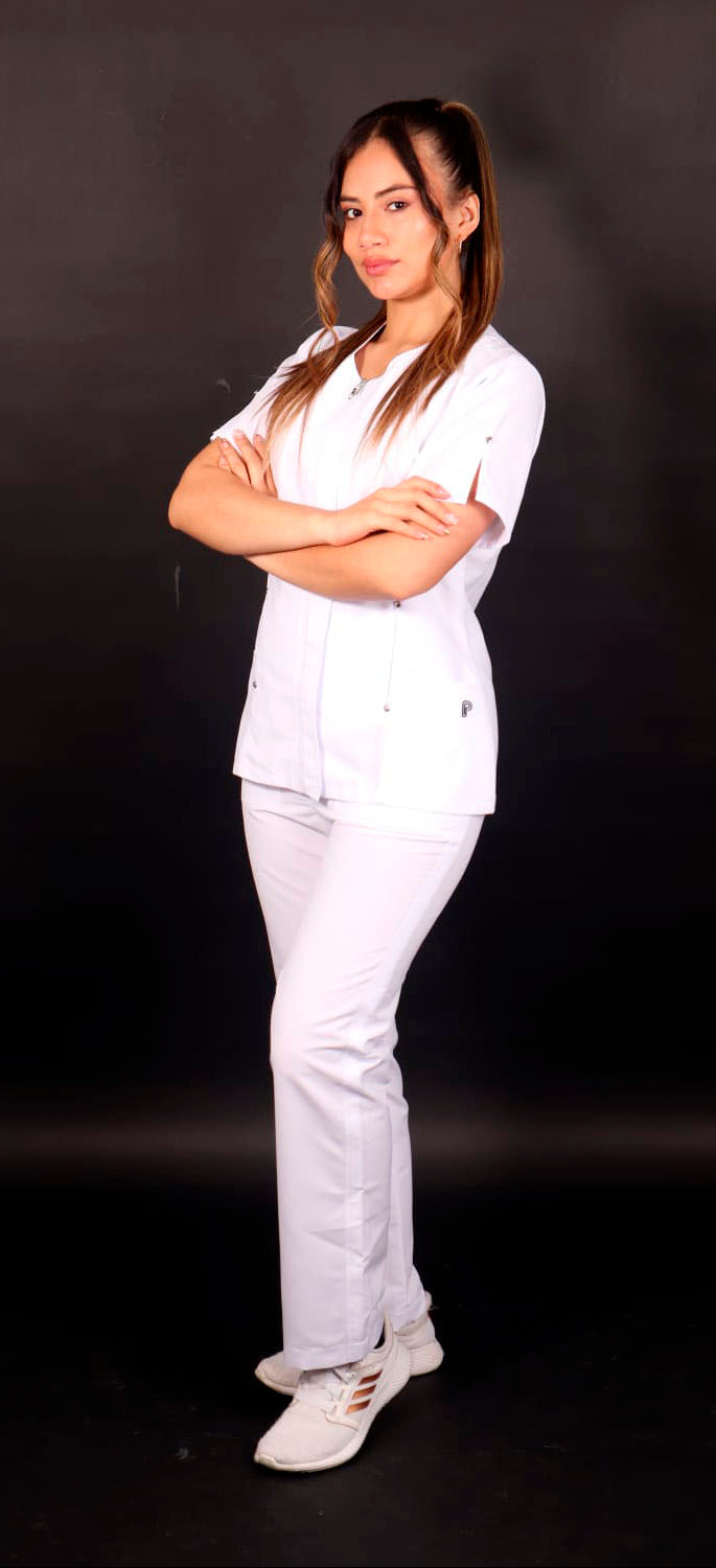 Uniforme Azalea blanco, vista lateral, mujer, Colombia